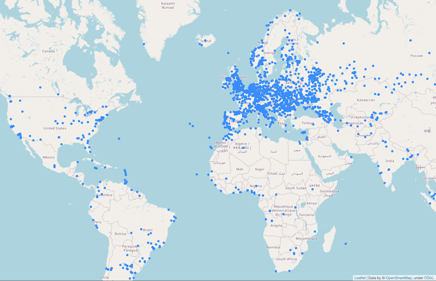 mapa con la procedencia de los futbolistas presentes en wikidata